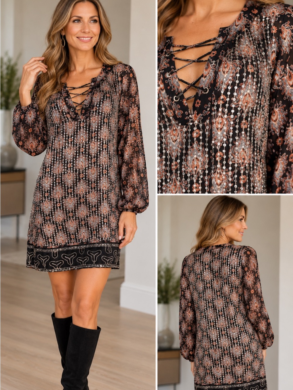 Design Lab Lord and Taylor Black and Paisly Lace-Up V-Neck Printed Mini Dress